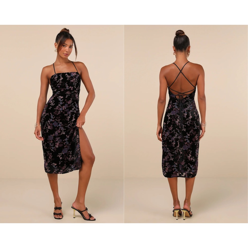 Lulus Elegant Persuasion Black Burnout Velvet Lace-Up Midi Dress Size Medium